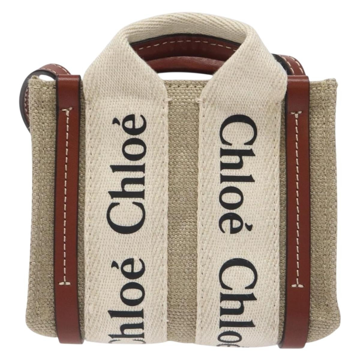Chloe Woody Tote Canvas with Leather, BEIGE, CANVAS, Tote bag