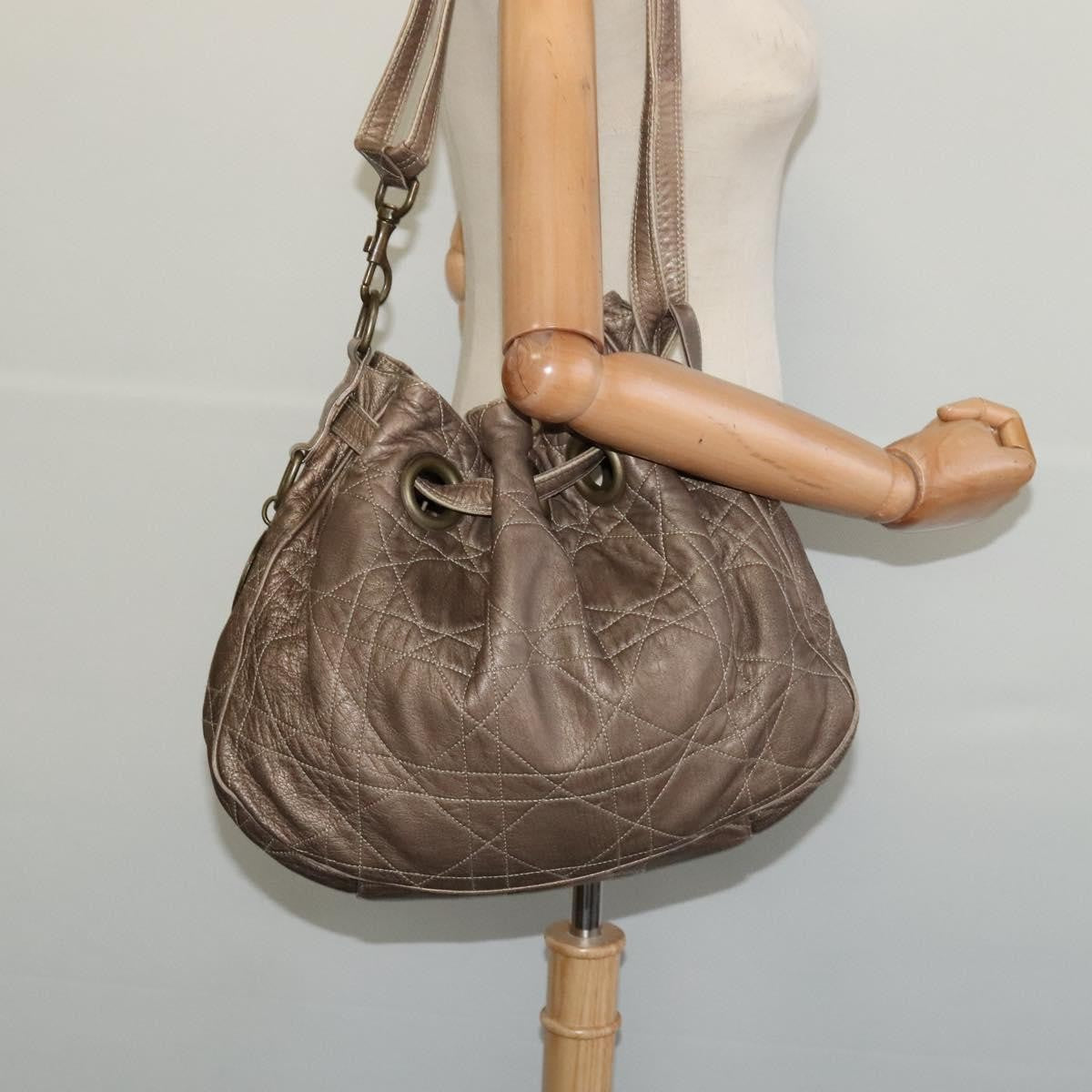 Christian Dior Drawstring Bucket Bag Cannage Quilt Leather, BROWN, LEATHER, Shoulder bag