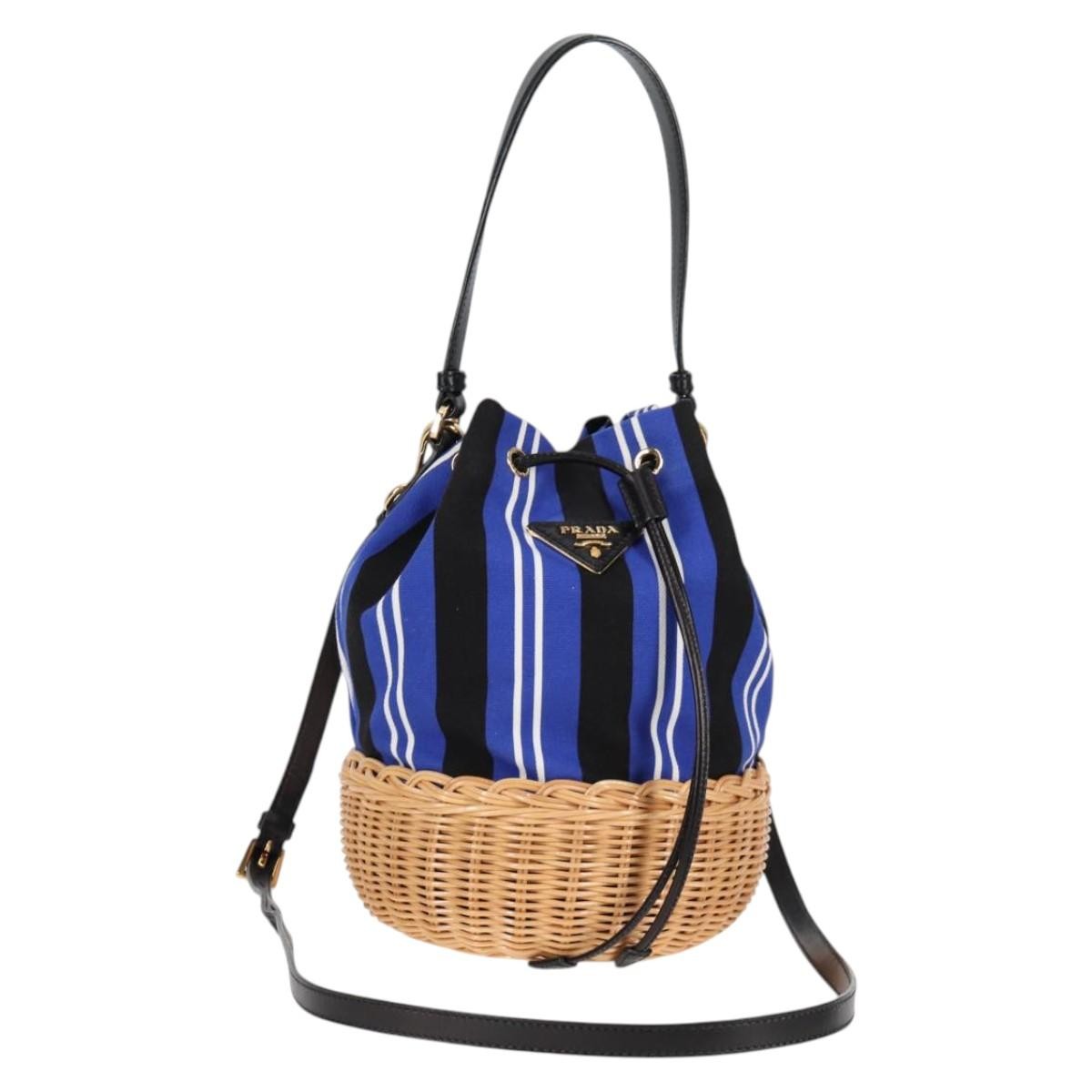 Prada Drawstring Bucket Bag Canvas and Wicker, BLUE, CANVAS, Handbag