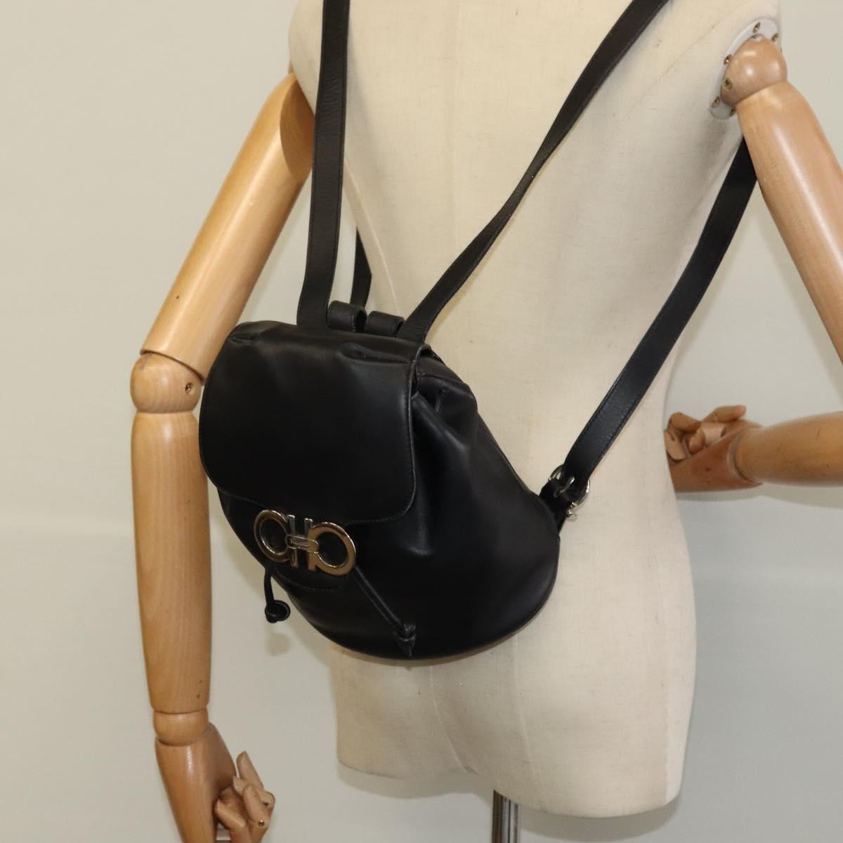 Salvatore Ferragamo Gancini Flap Drawstring Backpack Leather, BLACK, LEATHER, Backpack