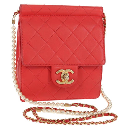 Chanel Pearl Chain Flap Bag Quilted Lambskin, RED, CALFSKIN, Clutche & pouche