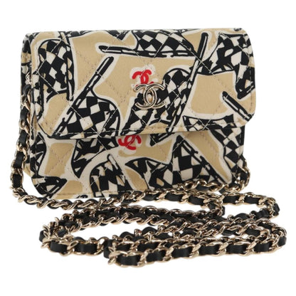 Chanel Flap Card Holder on Chain Quilted Printed Canvas, BEIGE, CANVAS, Card Holders