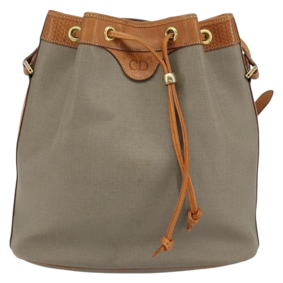 Christian Dior Drawstring Shoulder Bag Canvas and Leather, GRAY, CANVAS, Shoulder bag