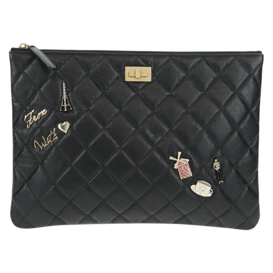 Chanel Lucky Charms Reissue 2.55 O Case Clutch Quilted Aged Calfskin, Black, Leather, Clutch