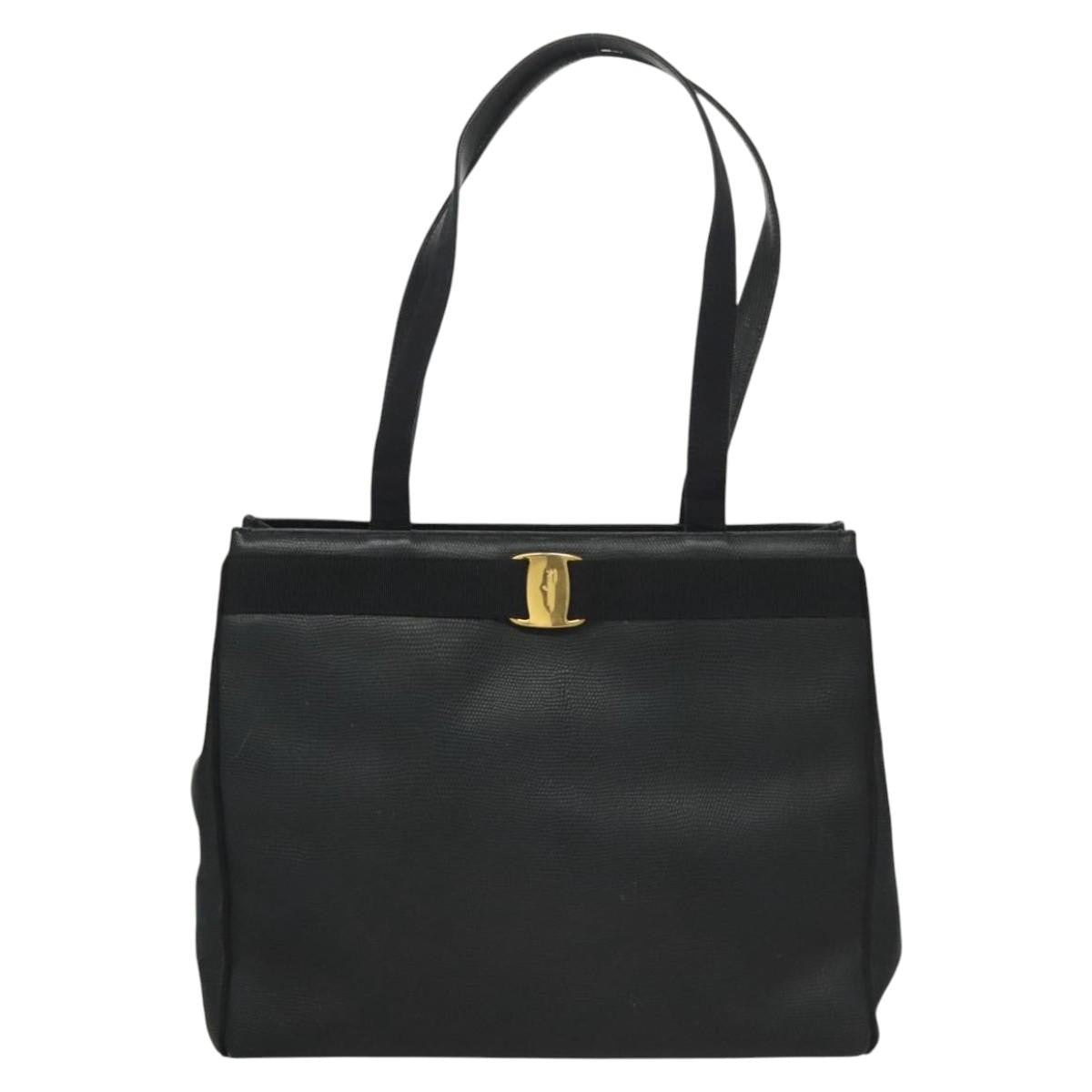 Salvatore Ferragamo Vintage Vara Bow Tote Lizard Embossed Leather, NAVY, LEATHER, Tote bag