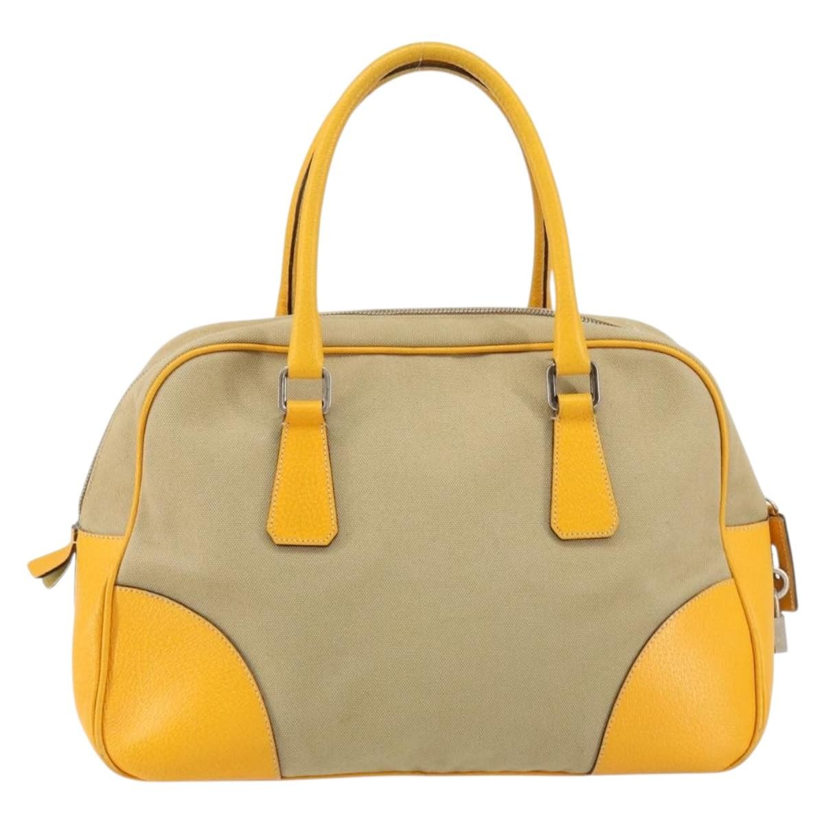 Prada Bowler Bag Canvas with Leather, BEIGE, CANVAS, Handbag