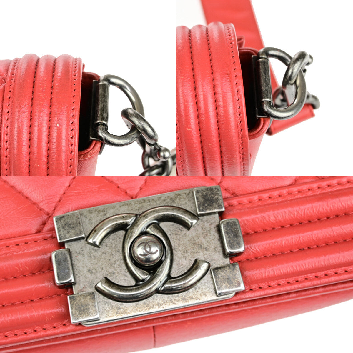 Chanel Boy Flap Bag with Strap Quilted Lambskin, RED, LEATHER, Shoulder bag