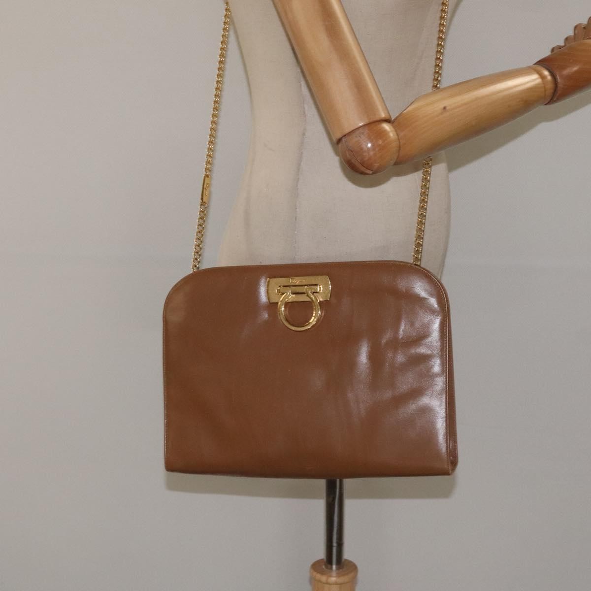 Salvatore Ferragamo Vintage Gancini Chain Shoulder Bag Leather, BROWN, LEATHER, Shoulder bag