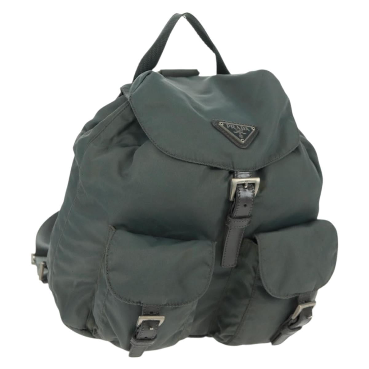 Prada Vela Double Front Pocket Backpack Tessuto with Saffiano Leather, GRAY, NYLON, Backpack