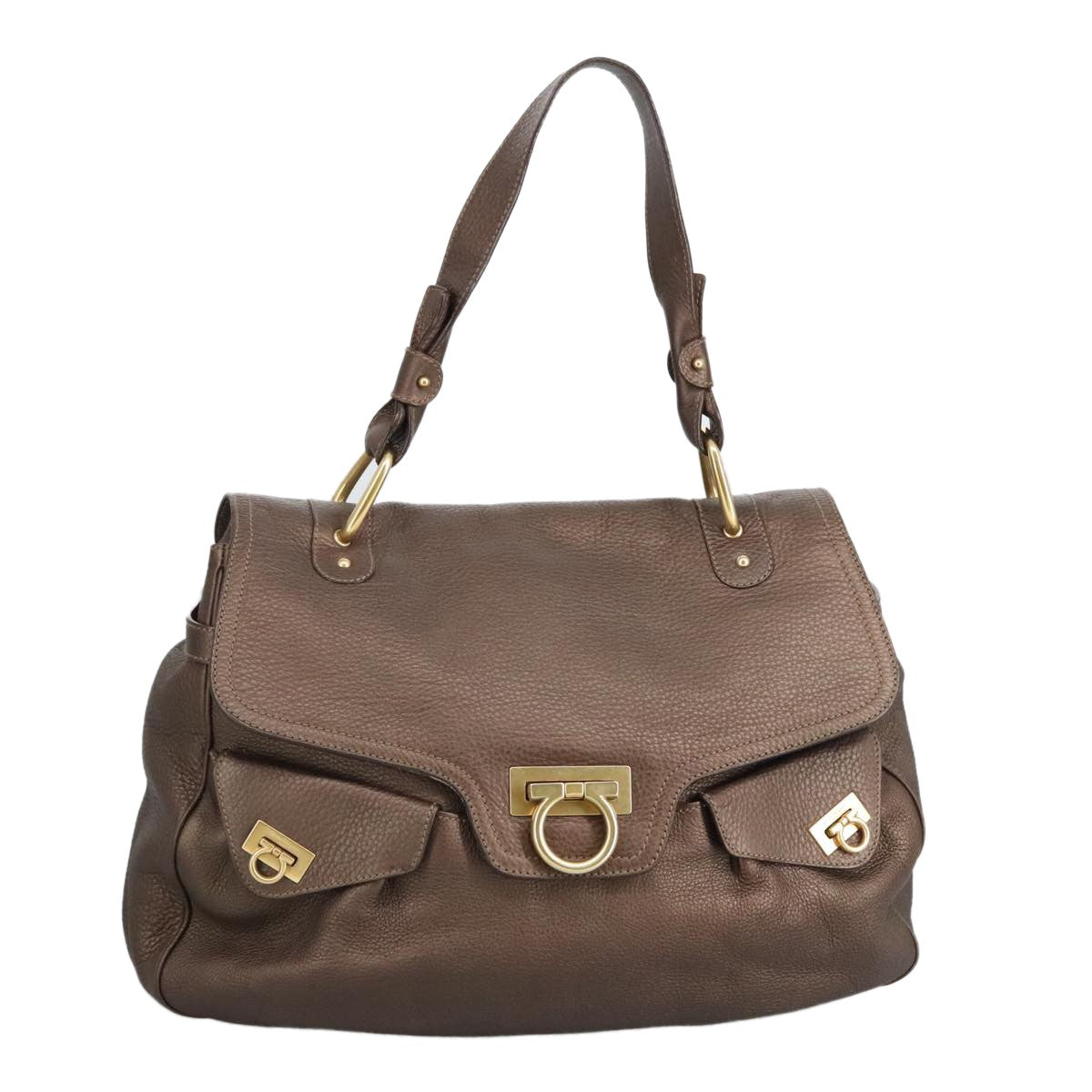 Salvatore Ferragamo Gancini handbag Leather, BROWN, LEATHER, Handbag
