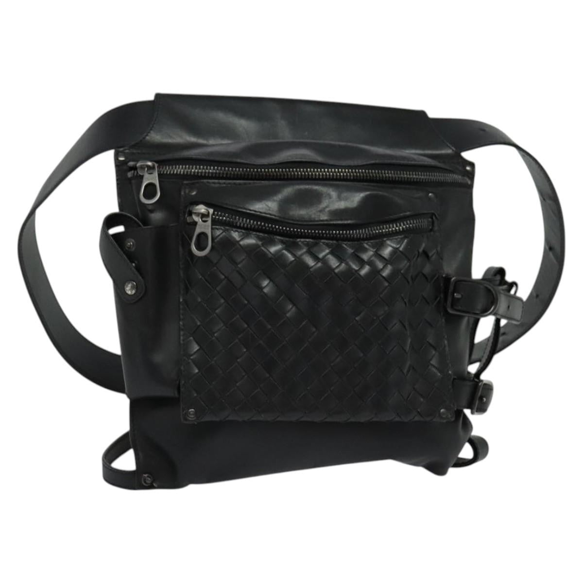 Bottega Veneta Utility Waist Bag Leather with Intrecciato, BLACK, LEATHER, Shoulder bag