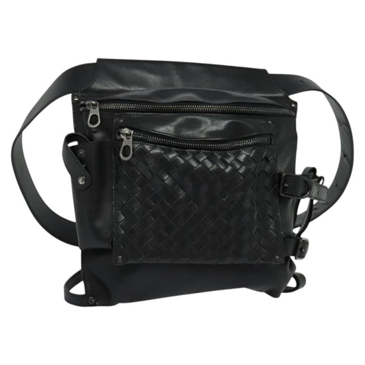 Bottega Veneta Utility Waist Bag Leather with Intrecciato, BLACK, LEATHER, Shoulder bag