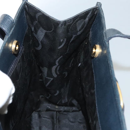 Salvatore Ferragamo Vintage Vara Bow Tote Lizard Embossed Leather, NAVY, LEATHER, Tote bag