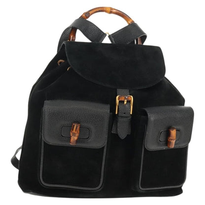 Gucci Vintage Bamboo Backpack Suede, BLACK, SUEDE, Backpack