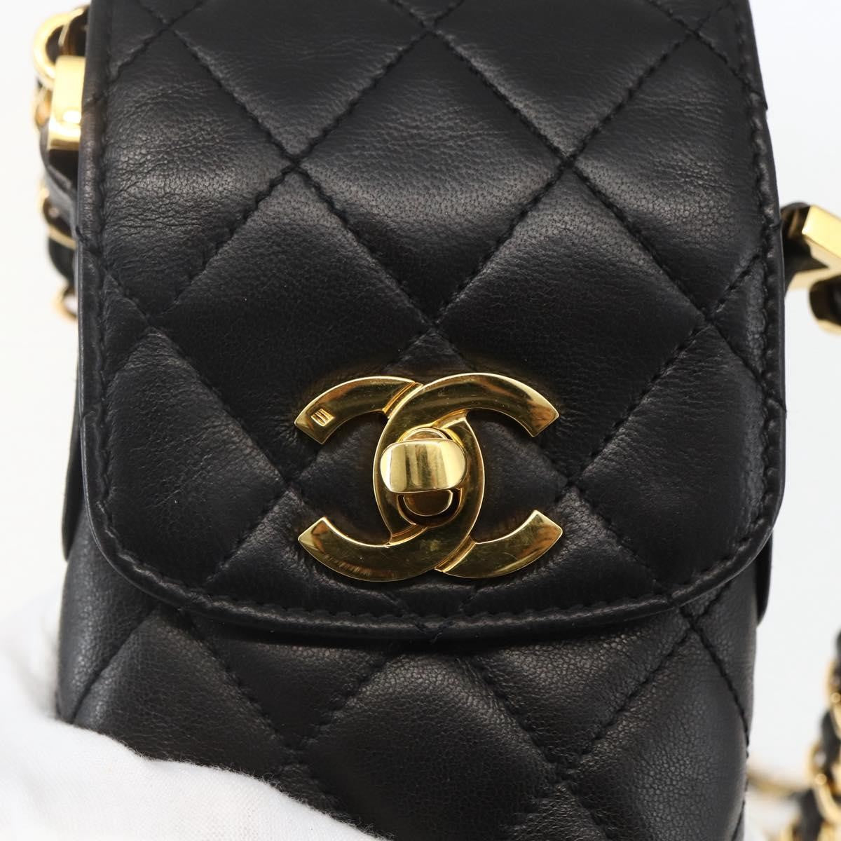 Chanel CC Flap Phone Holder Crossbody Bag Quilted Lambskin, BLACK, LEATHER, Shoulder bag