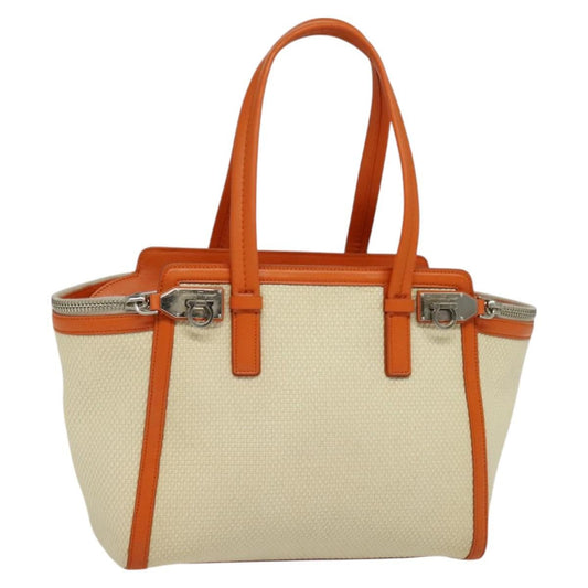 Salvatore Ferragamo Gancini Tote Canvas and Leather, BEIGE, CANVAS, Tote bag