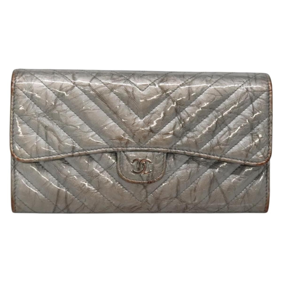 Chanel L-Flap Wallet Chevron Patent, SILVER, PATENT_LEATHER, Wallets