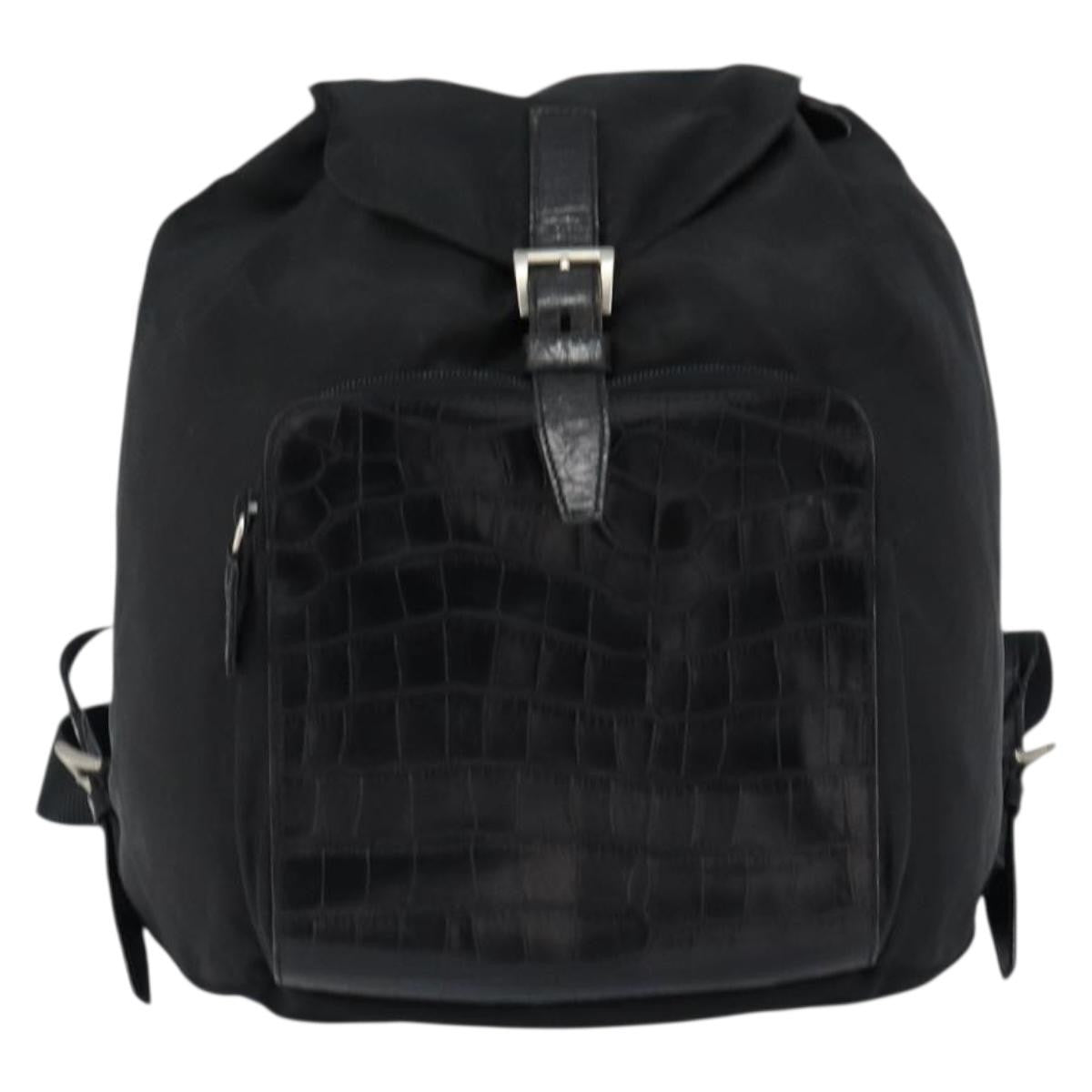 Prada Cinch Buckle Flap Backpack Tessuto with Crocodile Embossed Leather, BLACK, NYLON, Backpack