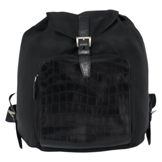 Prada Cinch Buckle Flap Backpack Tessuto with Crocodile Embossed Leather, BLACK, NYLON, Backpack