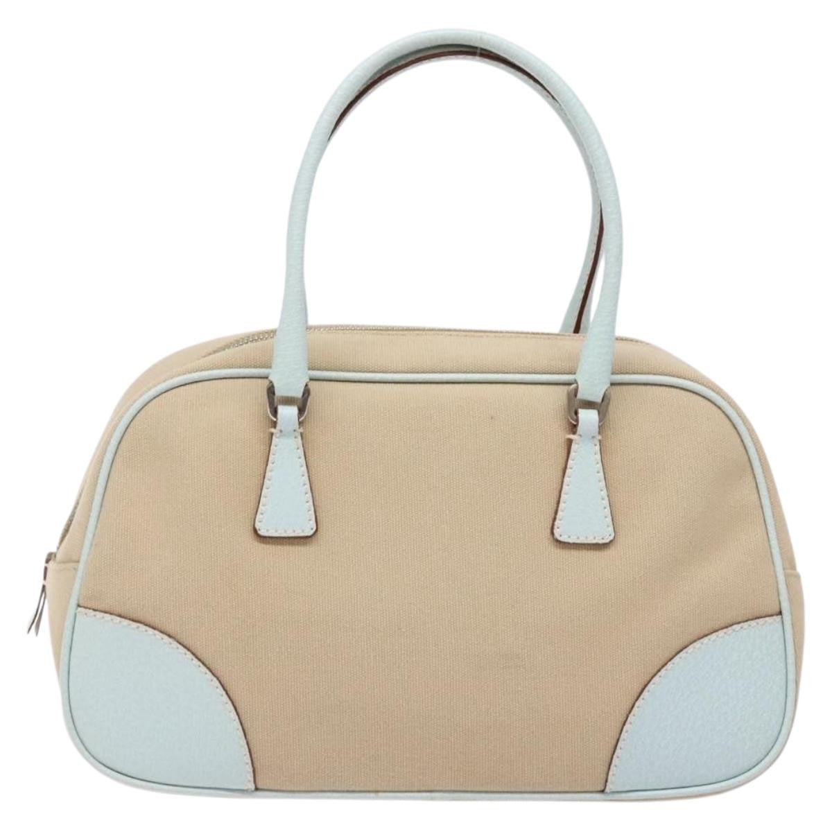 Prada Bauletto Bag Canvas with Leather, BEIGE, CANVAS, Handbag