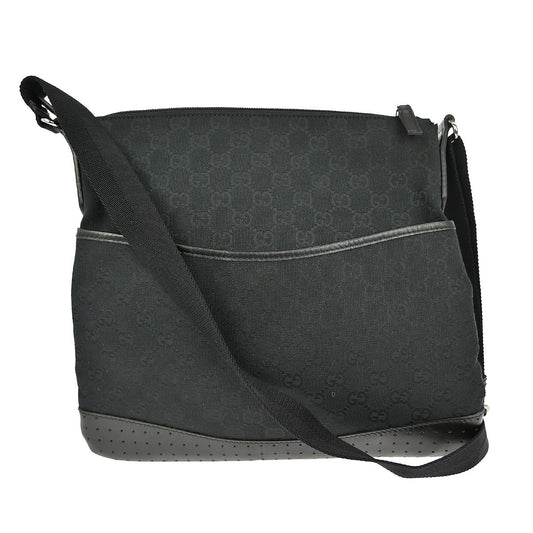 Gucci Zip Messenger Bag GG Canvas with Perforated Leather, BLACK, CANVAS, Shoulder bag