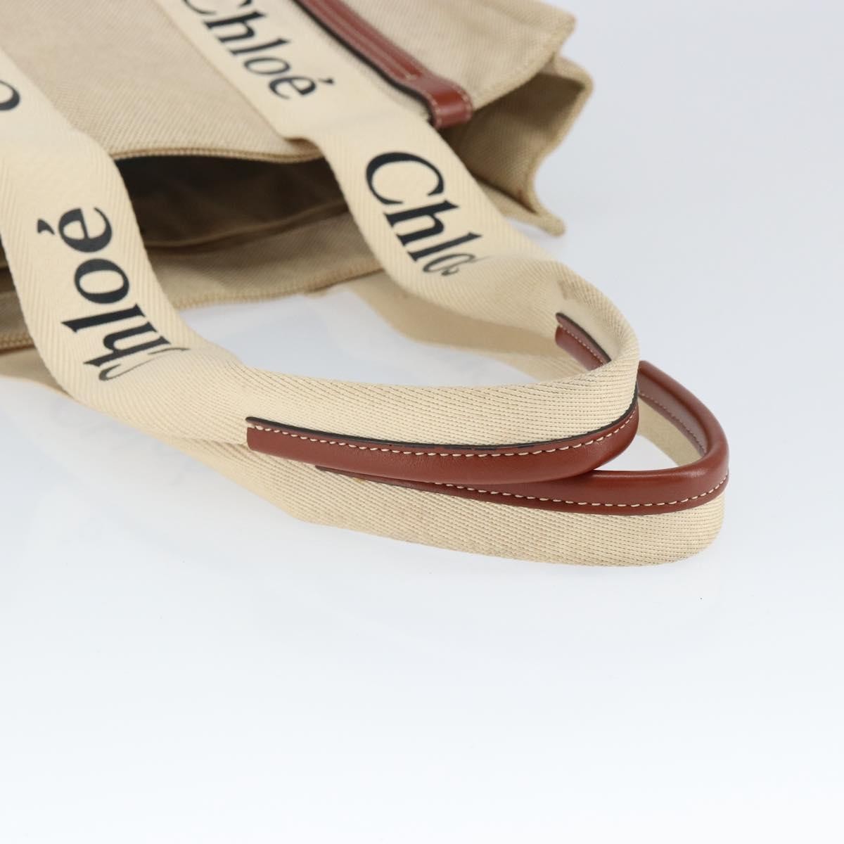 Chloe Woody Tote Canvas with Leather, BEIGE, CANVAS, Tote bag