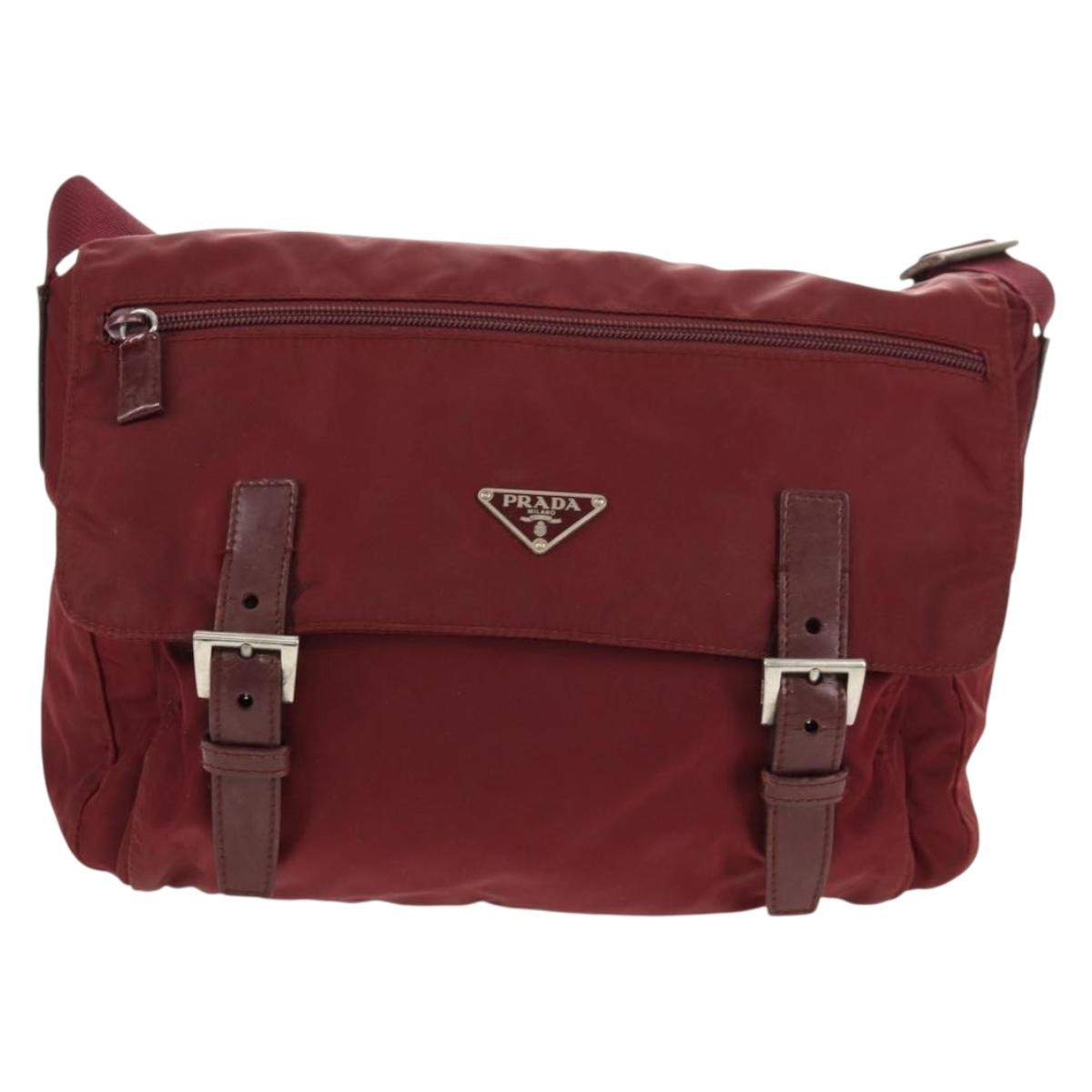 Prada Double Buckle Flap Messenger Bag Tessuto, BURGUNDY, NYLON, Shoulder bag