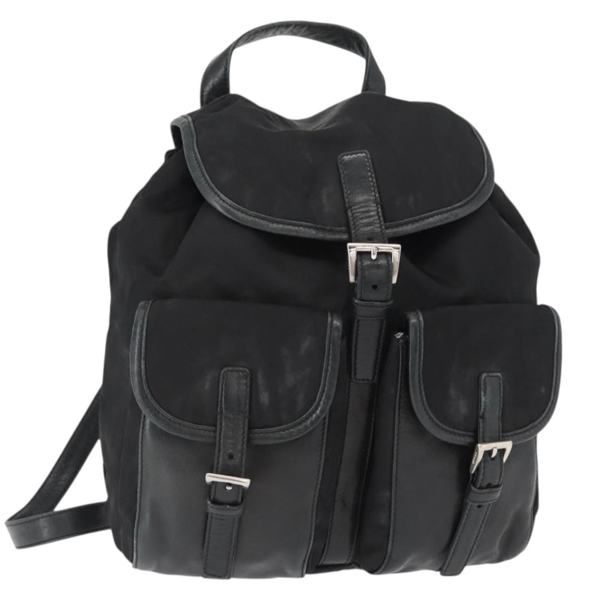 Prada Vela Double Front Pocket Backpack Tessuto with Saffiano Leather, BLACK, NYLON, Backpack