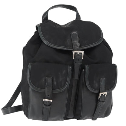Prada Vela Double Front Pocket Backpack Tessuto with Saffiano Leather, BLACK, NYLON, Backpack