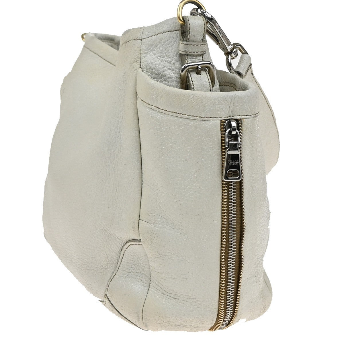 Prada Side Pocket Zip Hobo Vitello Daino, WHITE, LEATHER, Shoulder bag