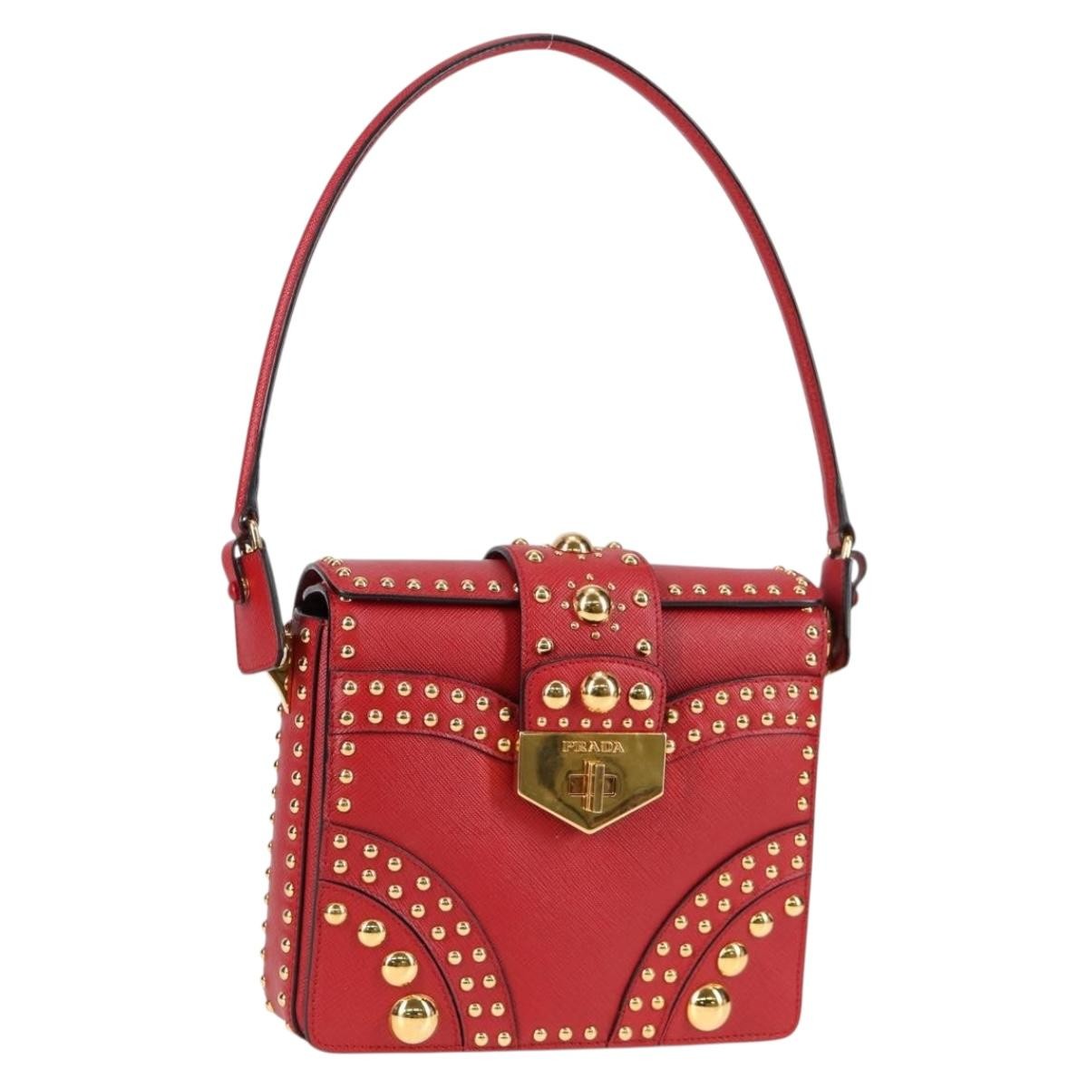 Prada Turn Lock Shoulder Bag Studded Saffiano Leather, RED, LEATHER, Shoulder bag