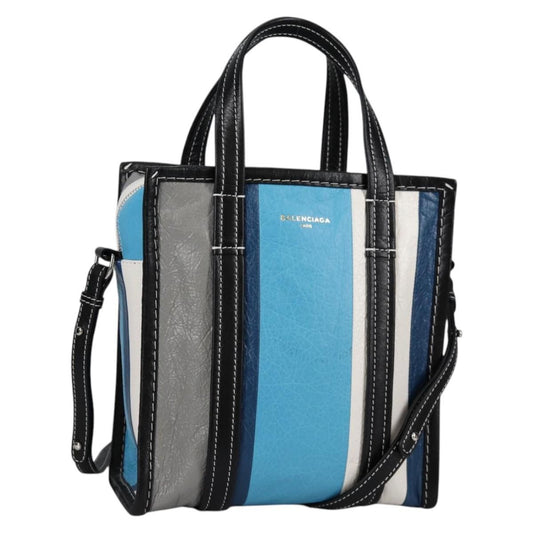 Balenciaga Bazar Convertible Tote Striped Leather, BLUE, LEATHER, Tote bag