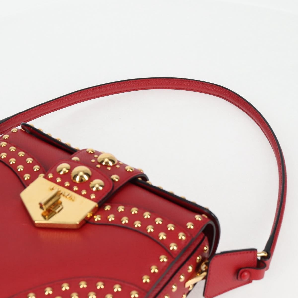 Prada Turn Lock Shoulder Bag Studded Saffiano Leather, RED, LEATHER, Shoulder bag