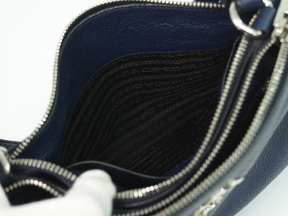 Prada Double Zip Crossbody Bag Vitello Daino, NAVY, LEATHER, Shoulder bag