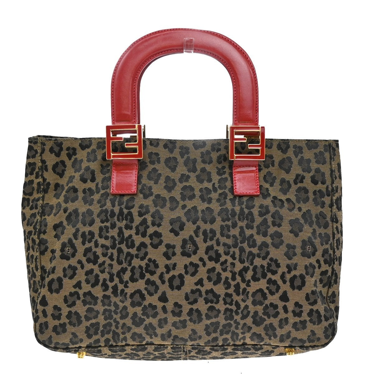 Fendi Vintage FF Handle Tote Leopard Print Jacquard, BROWN, CANVAS, Handbag