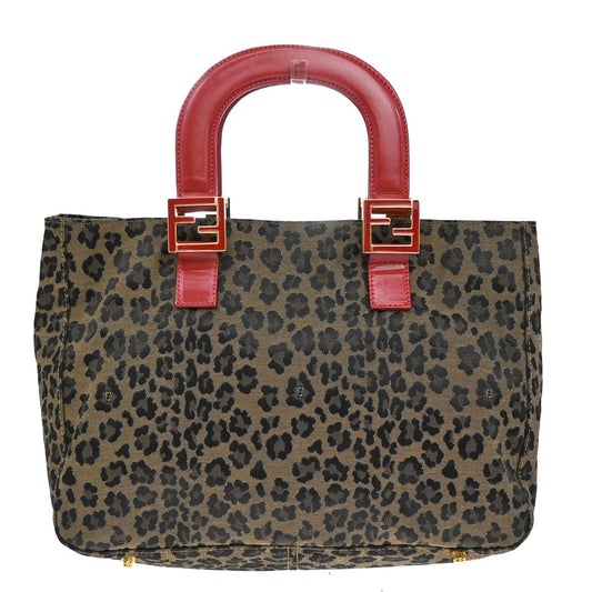 Fendi Vintage FF Handle Tote Leopard Print Jacquard, BROWN, CANVAS, Handbag