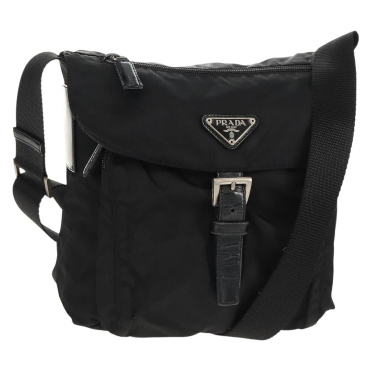 Prada Buckle Messenger Bag Tessuto, BLACK, NYLON, Shoulder bag