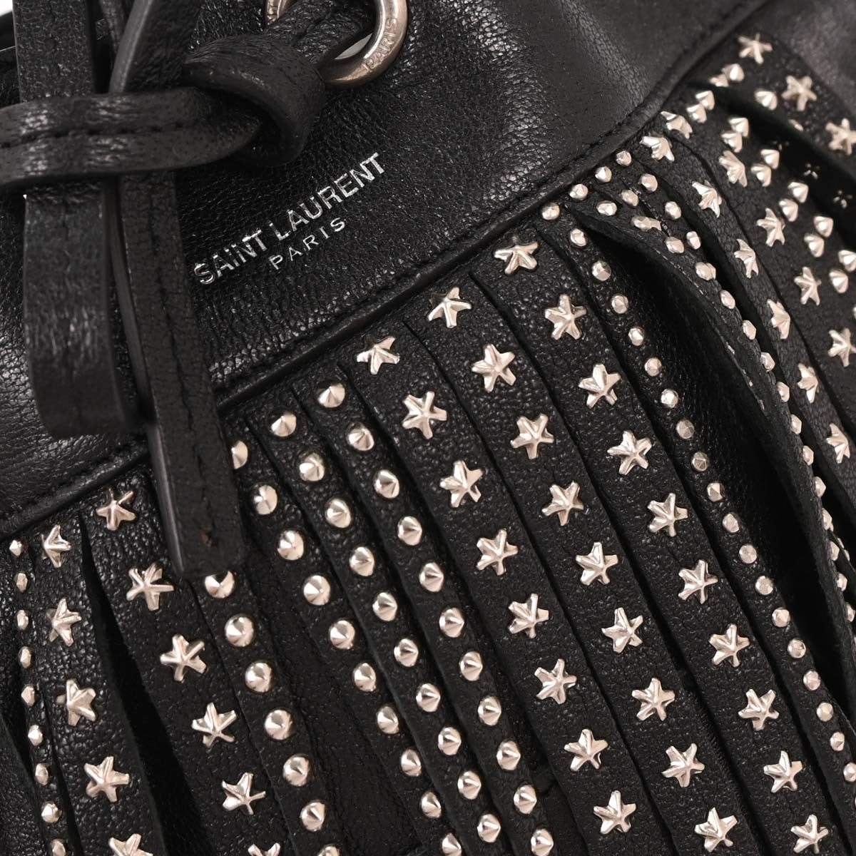 Saint Laurent Fringe Emmanuelle Bucket Bag Studded Leather, BLACK, LEATHER, Shoulder bag