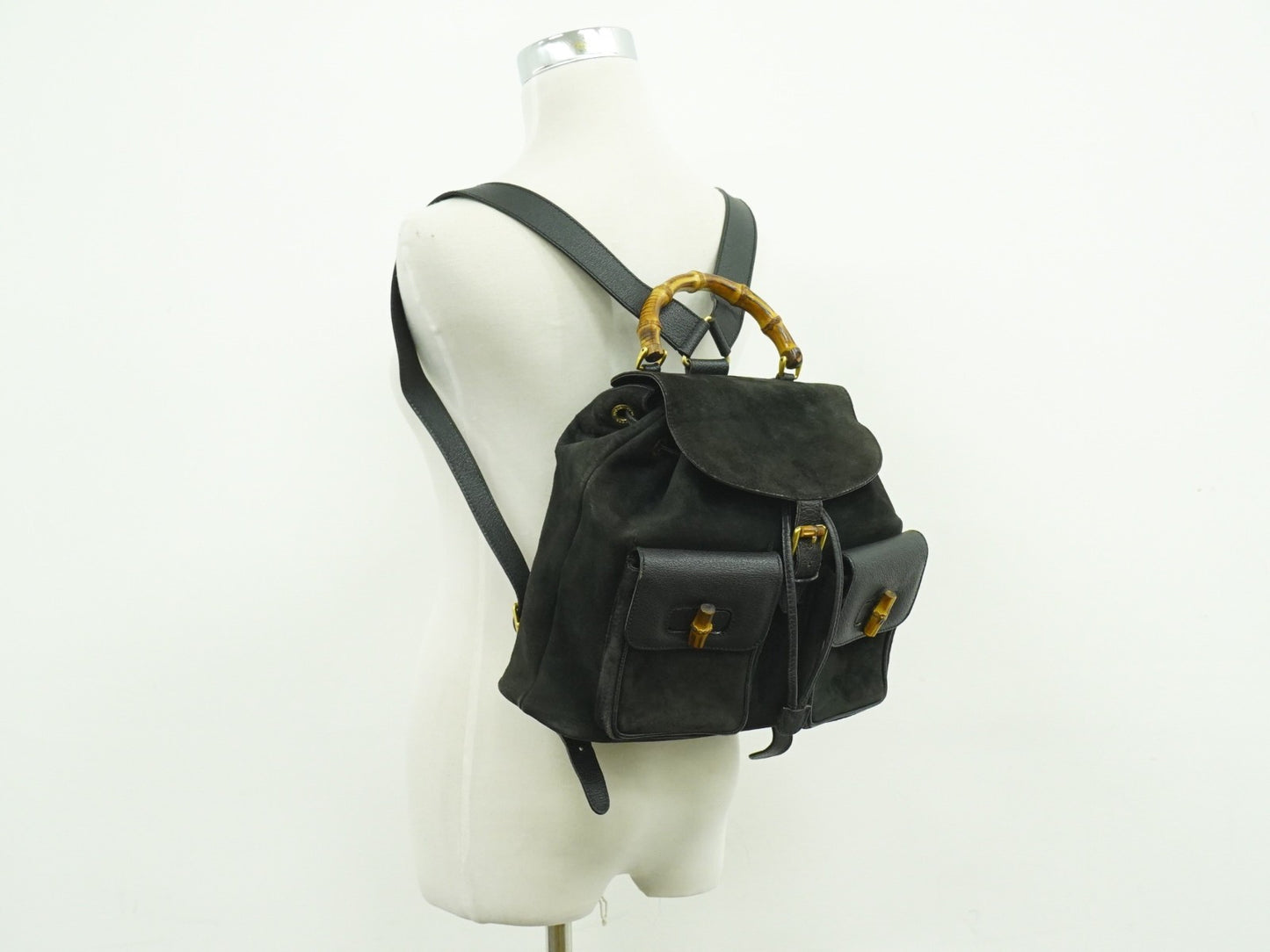 Gucci Vintage Bamboo Backpack Suede, BLACK, SUEDE, Backpack