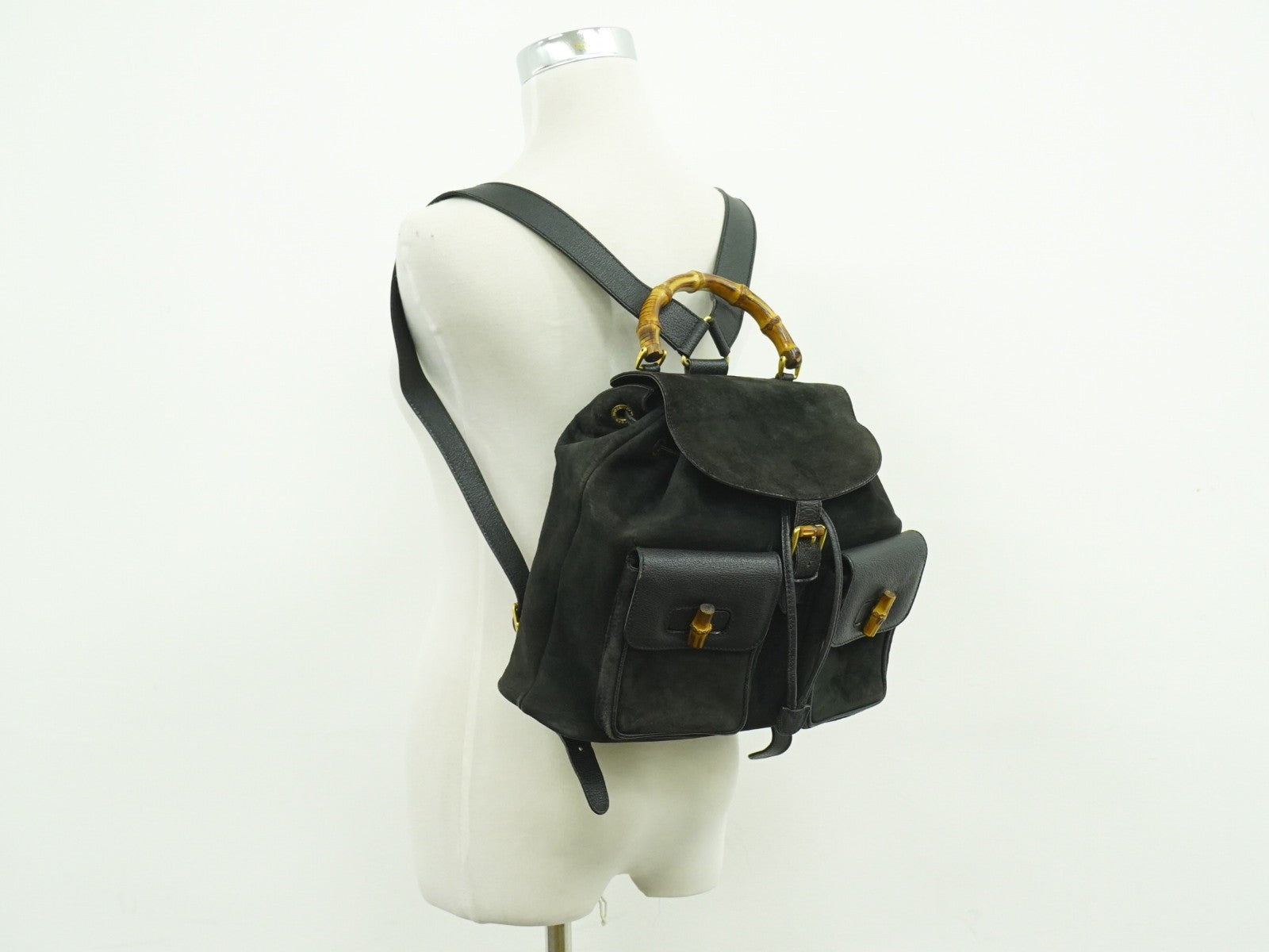 Gucci Vintage Bamboo Backpack Suede, BLACK, SUEDE, Backpack