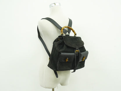 Gucci Vintage Bamboo Backpack Suede, BLACK, SUEDE, Backpack