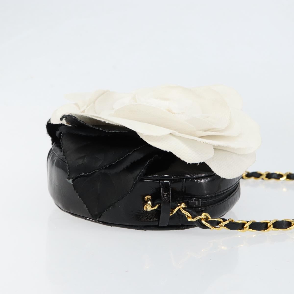 Chanel Vintage Camellia Round Evening Bag Lambskin and Satin, BLACK, PATENT_LEATHER, Clutche & pouche
