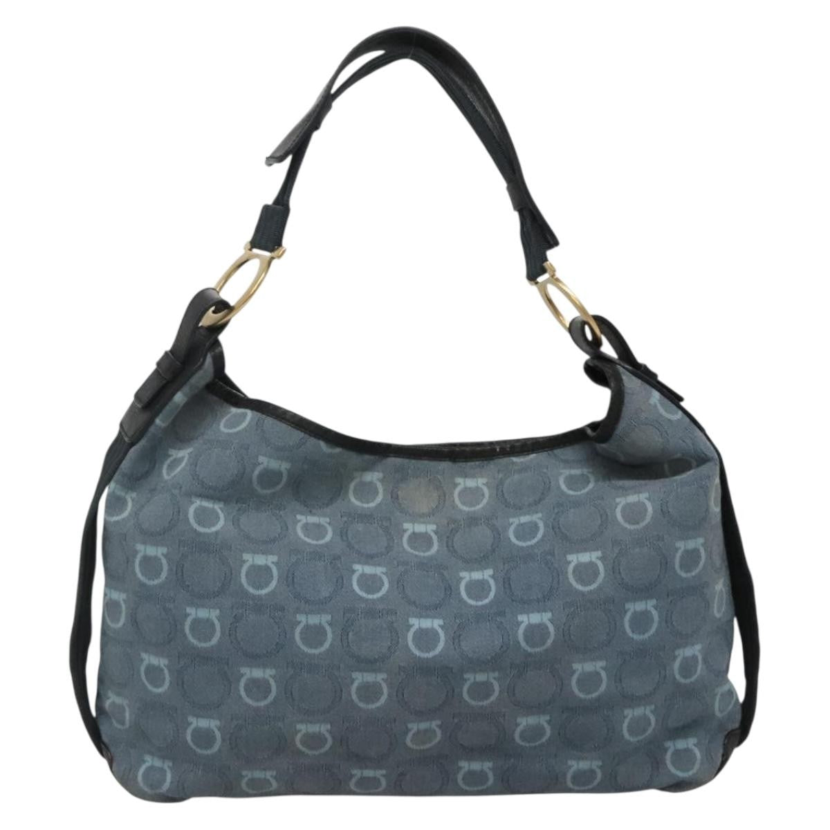 Salvatore Ferragamo Gancini Shoulder Bag Canvas, BLUE, CANVAS, Shoulder bag