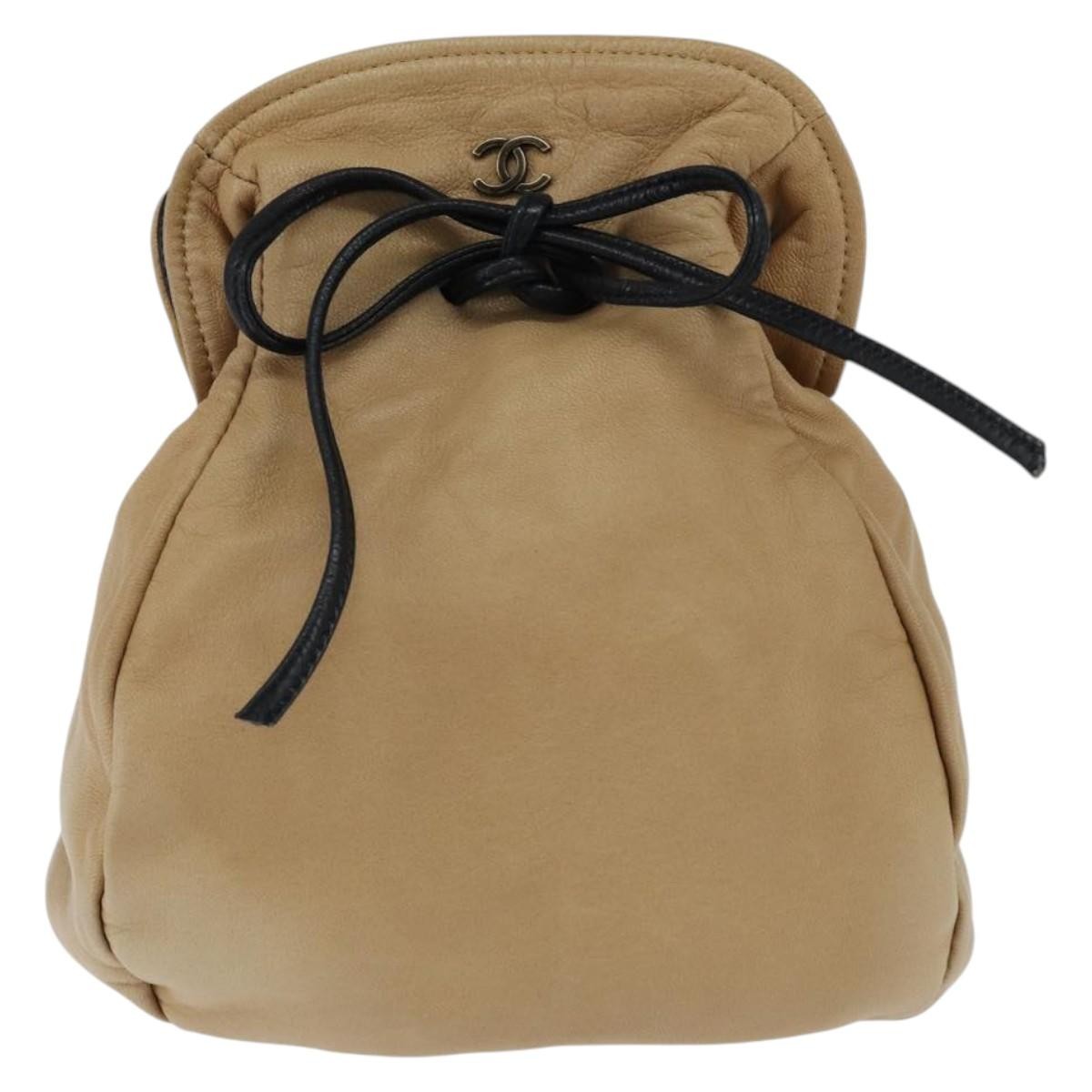 Chanel Vintage Drawstring Pouch Leather, BEIGE, LEATHER, Clutche & pouche