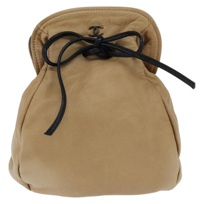 Chanel Vintage Drawstring Pouch Leather, BEIGE, LEATHER, Clutche & pouche