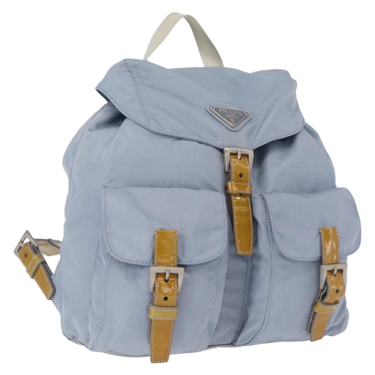 Prada Vela Double Front Pocket Backpack Tessuto with Saffiano Leather, BLUE, NYLON, Backpack