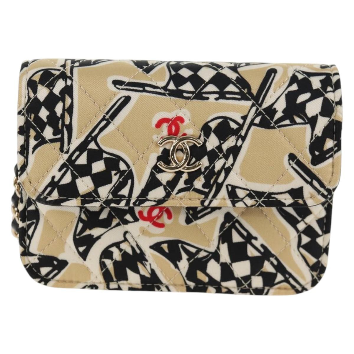 Chanel Flap Card Holder on Chain Quilted Printed Canvas, BEIGE, CANVAS, Card Holders