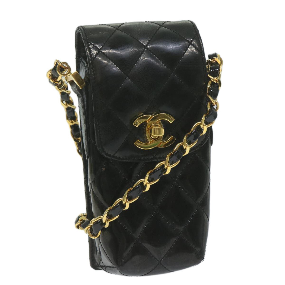 Chanel Vintage CC Flap Phone Holder Crossbody Bag Quilted Patent, BLACK, PATENT_LEATHER, Crossbody bag