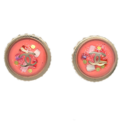 Chanel CC Logo Button Stud Earrings Metal with Crystals, Pink, Plastic, Earrings