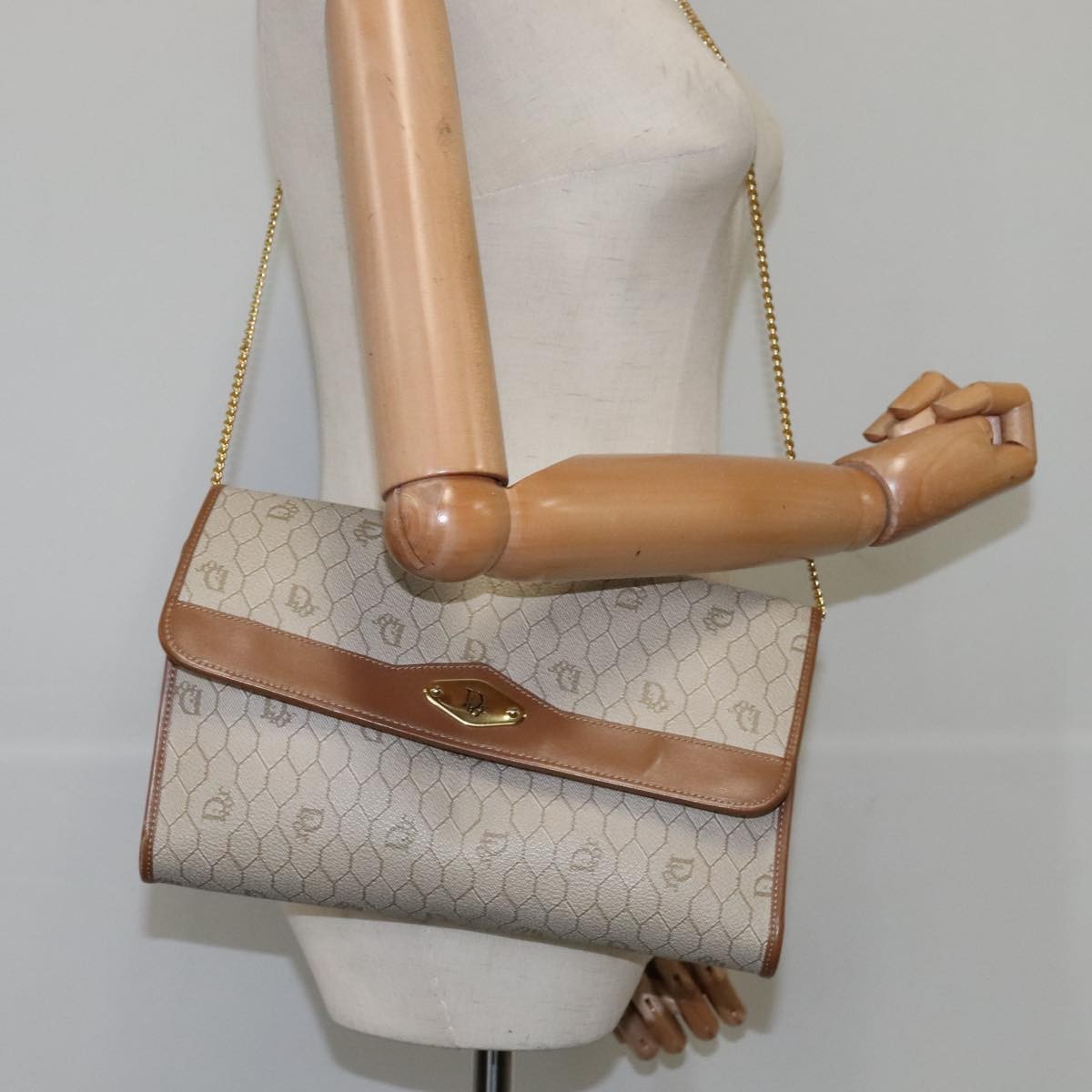Christian Dior Vintage Honeycomb chain Canvas, BEIGE, CANVAS, Shoulder bag